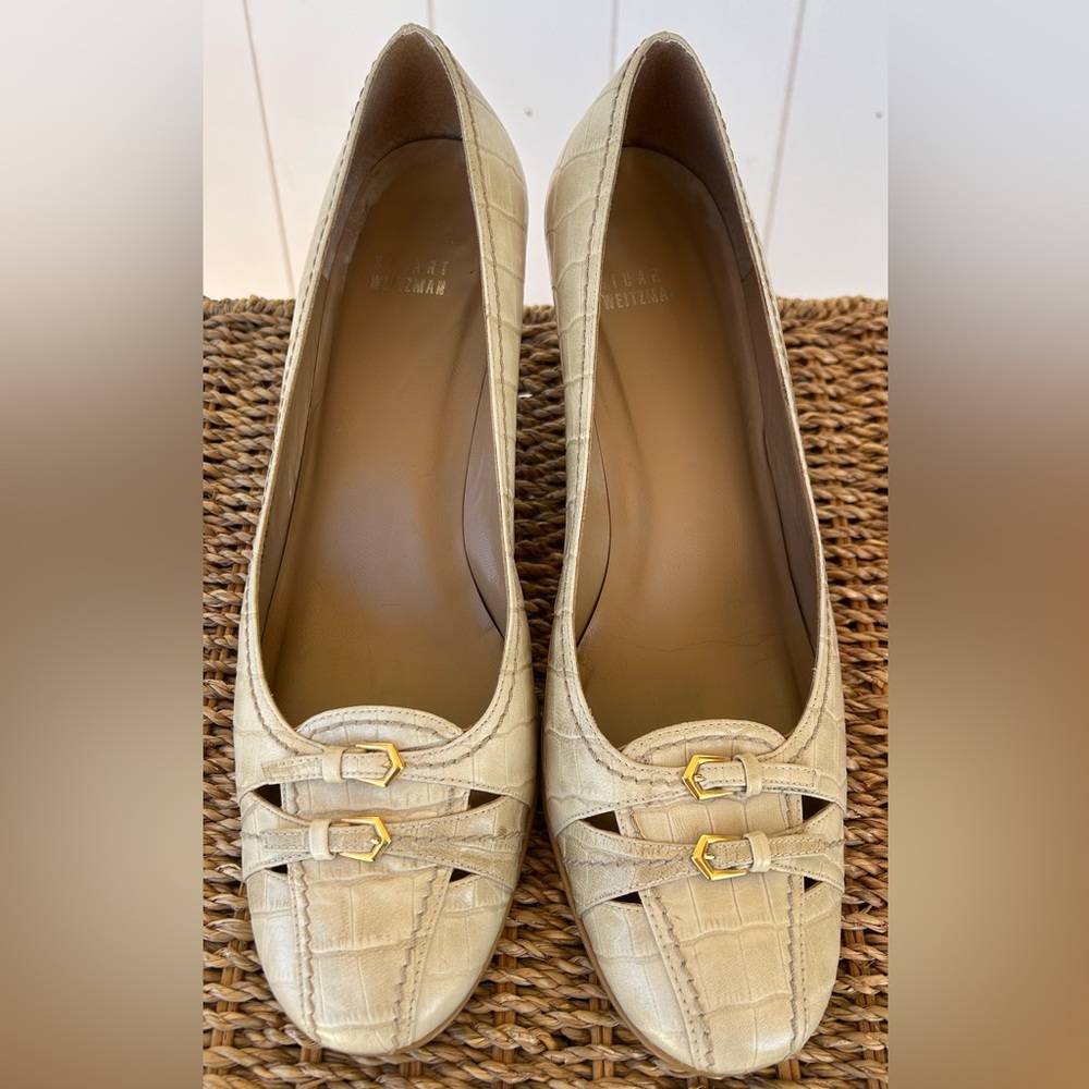 Stuart Weitzman Women’s‎ Croc Print Leather Heels Double Buckle Detail Size 9.5M